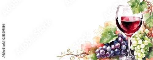 Watercolor wine banner with glass of red surrounded by white and red grapes and vine leaves in horizontal composition, with wine, watercolor, grape, vine detail