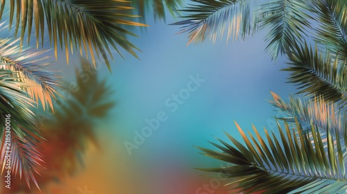 Tropical palm leaf frame with turquoise and gold backdrop, vintage botanical composition with organic silhouettes, soft light, textured foliage, and elegant summer resort mood