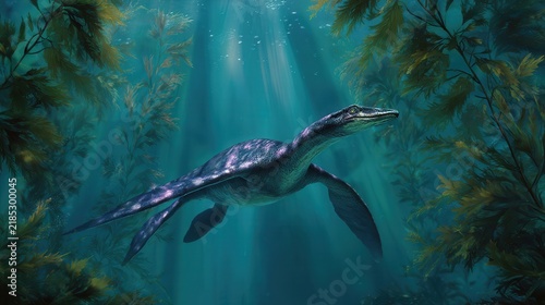 Long-necked marine reptile gliding through sunlit prehistoric kelp forest underwater, with plesiosaur, marine, reptile, prehistoric detail, showing ancient, ocean, underwater, kelp context