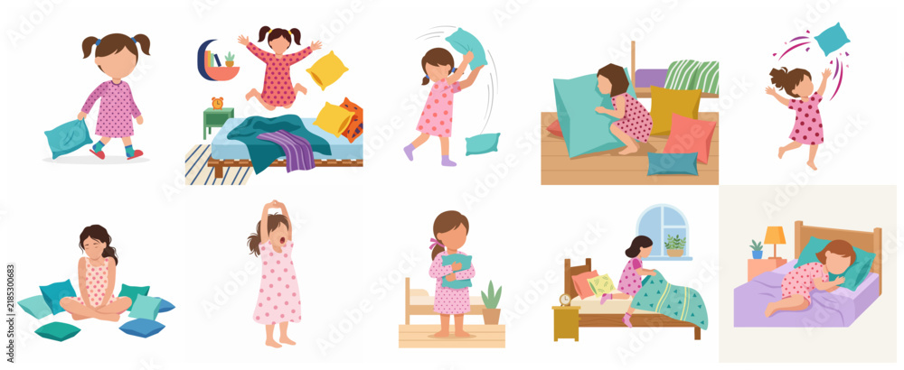 Fototapeta premium Little girl bedtime routine character set, child in pink polka dot pajamas sleeping, jumping on bed, stretching and playing with pillows, flat vector illustration collection