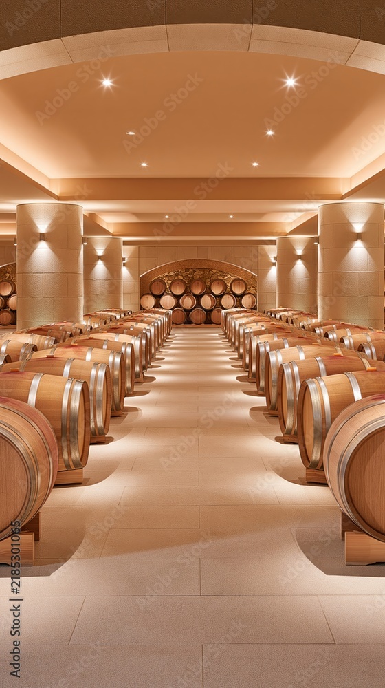 Obraz premium Oak barrels lined in central aisle of wine cellar under warm lighting