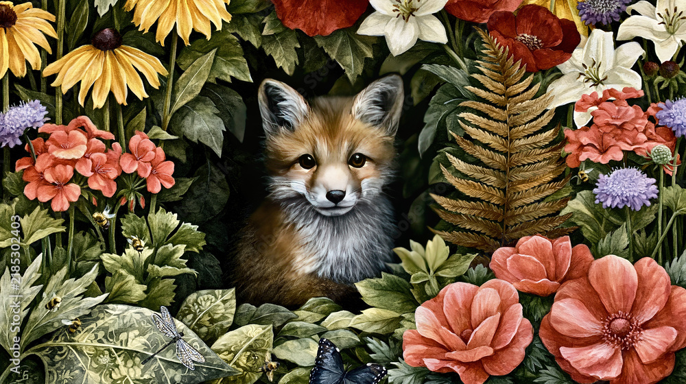 Fototapeta premium Curious Fox Peeking Through Lush Wildflowers