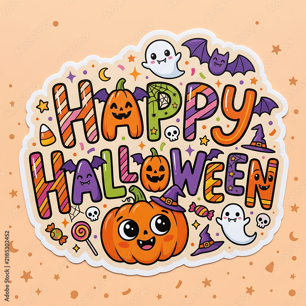 Naklejka premium Happy Halloween vector sticker illustration with cute pumpkins, ghosts, bats, and colorful typography