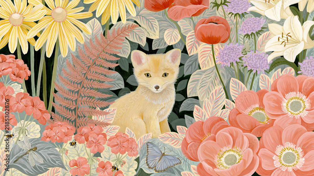 Fototapeta premium Young Fox Sitting Among Colorful Wildflowers