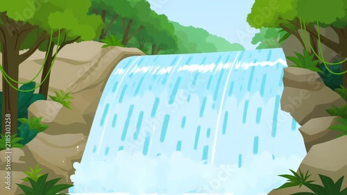 Slow motion panning shot of waterfall cascading over rocky cliff in lush tropical jungle riverside