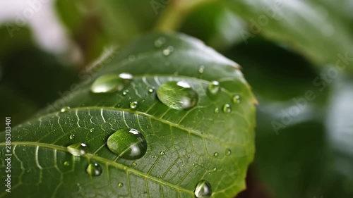 Slow motion tracking shot of water droplets beading on green leaf veins in garden macro close up after rain
