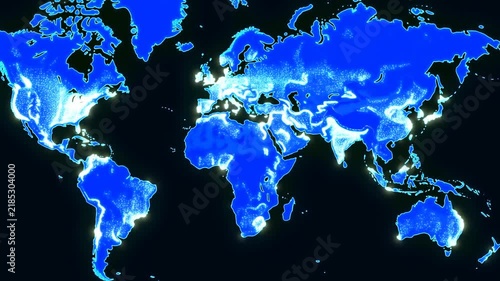 Time lapse zoom of world map showing lights appearing and spreading across continents indicating urban growth and global illumination at night on dark background