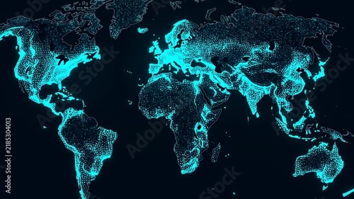 Time lapse zoom pan tracking of world map mapping glowing data points across earth oceans and coastlines in dark neon cyan digital visualization