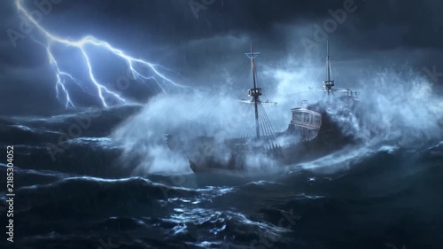 Tracking shot of wooden sailing ship pitching and rolling while battling towering waves and lightning in stormy open ocean at night
