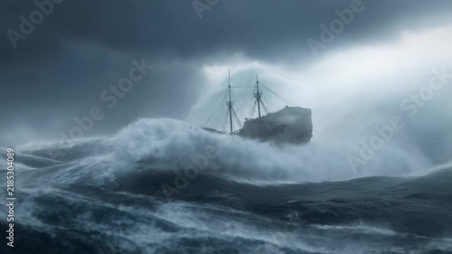 Tracking shot of ship battling towering waves and spray in stormy open ocean with dark clouds