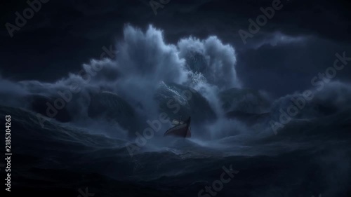 Tracking shot of small wooden ship pitching through towering storm waves in dark open ocean under stormy night sky