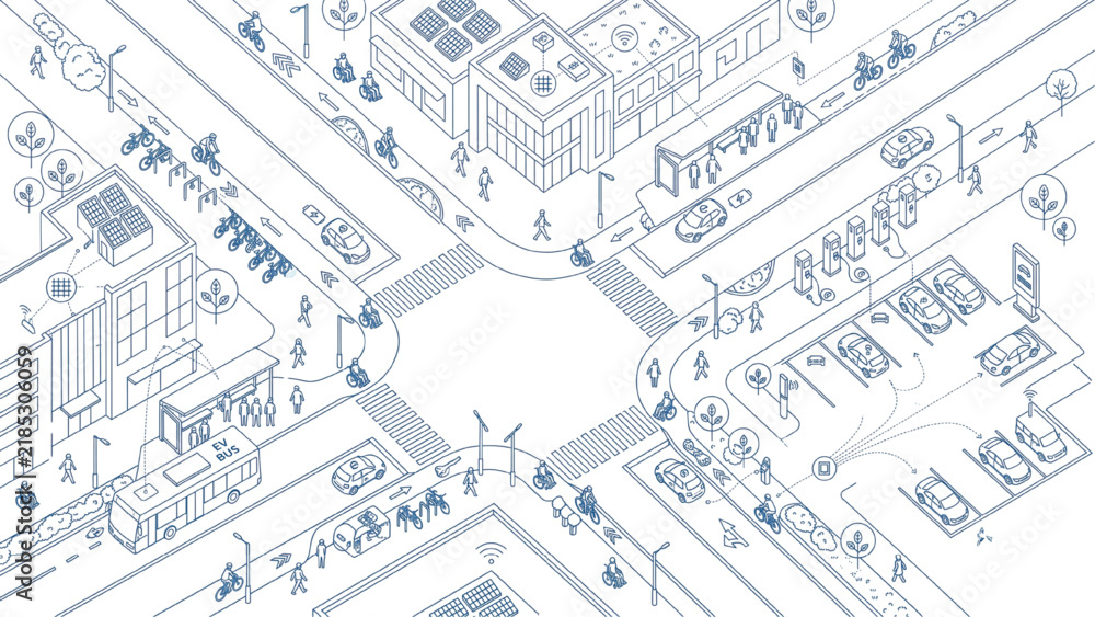 Fototapeta premium Smart Urban Mobility Infrastructure with Pedestrians, Cyclists, Electric Vehicles and Public Transport, Top View CAD Vector