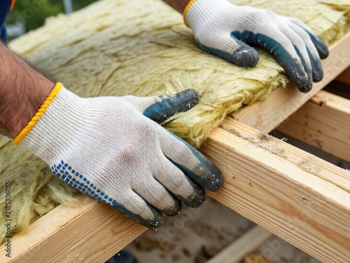 Workers install insulation material on wooden beams during construction in a residential area in daytime