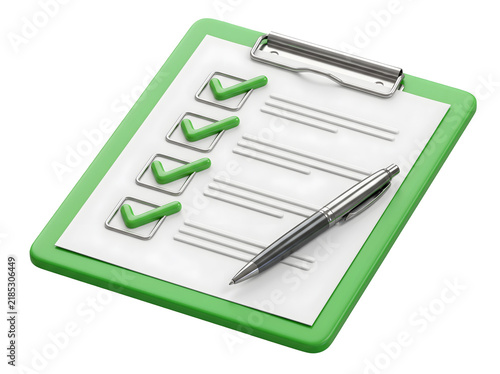 Green clipboard with checkmarks and pen, completed checklist for business task management, survey form on white background