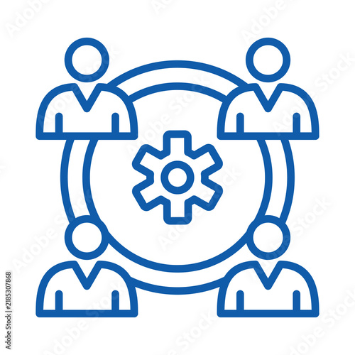 Blue linear icon featuring a gear symbol surrounded by four human figures transparent background