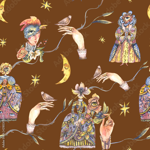 Surreal watercolor seamless pattern with birds, moons and stars