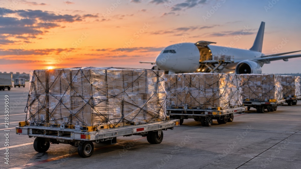 Obraz premium Cargo being loaded onto an airplane during sunset on an airport runway
