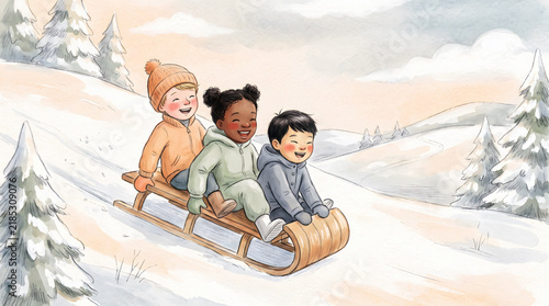 Three diverse children enjoying winter sledding on a snowy hill with evergreen trees in the background