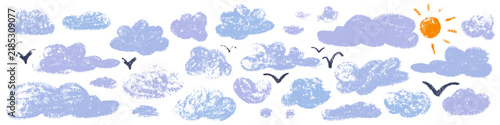 Chalk doodle clouds set isolated on transparent background. Fluffy handdrawn clouds with bright sun and birds flying in the sky. Cute wax crayon elements and stickers collection for kids design