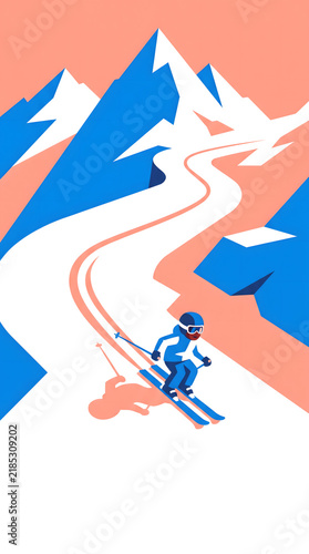 Child skiing down a snowy slope with mountains in the background, colorful winter landscape