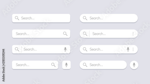 Collection of modern search bar interface elements with magnifier and microphone icons for UI, web, app, browser and search design