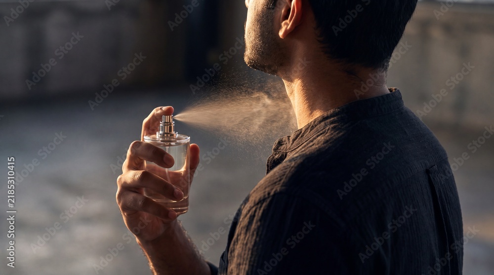 Obraz premium Indian Man Spraying Unisex Perfume Bottle in Moody Studio for Luxury Fragrance Campaign