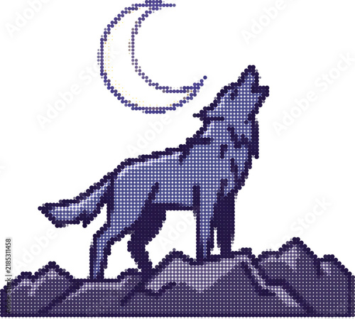 Pixel art howling wolf on mountain peak, retro 8-bit wolf silhouette under crescent moon, purple gaming aesthetic animal vector