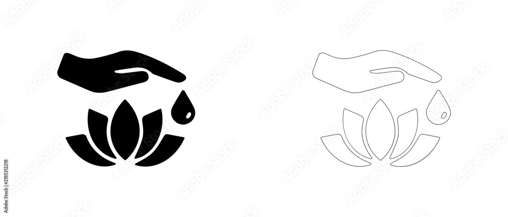 Fototapeta premium Hand dropping oil over lotus flower vector icon filled and outline, hotel spa wellness and massage treatment symbol.