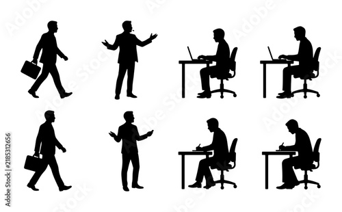 Business Silhouettes: 8 Vector Icons of Men in Professional Poses, Walking, Working, and Presenting