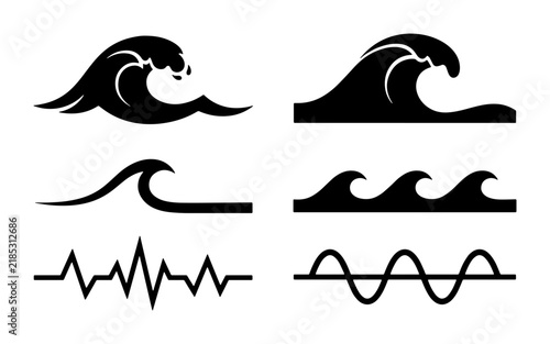 Set of 6 Black Wave Icons, Ocean Water Swells, Sea Line Art, Marine Vector Graphics for Design