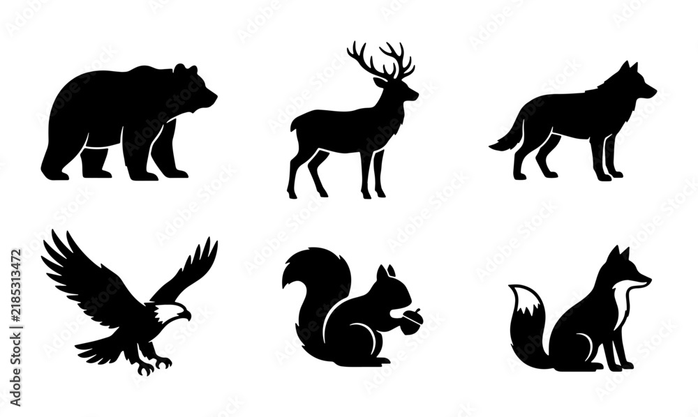 Obraz premium Forest Wildlife Silhouette Icons: Bear, Deer, Wolf, Eagle, Squirrel, Fox Vector Set