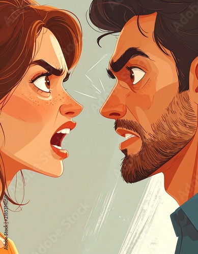 Cartoon couple arguing face to face, intense relationship conflict and emotional tension, divorce concept, disagreement between partners, modern illustration.