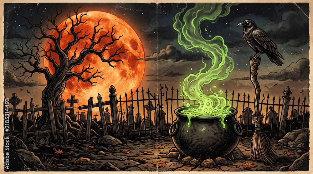 Fototapeta premium Spooky Halloween illustration of a bubbling cauldron with green smoke in a graveyard under a full blood moon.