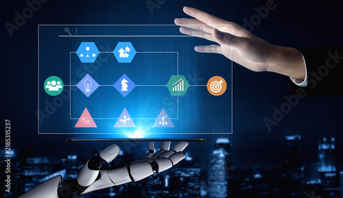 Obraz na płótnie A futuristic scene showcasing a robotic hand interacting with a digital interface, symbolizing advanced technology and collaboration in a modern environment