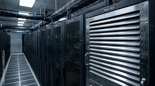 Long corridor of server racks in a dimly lit data center with cooling systems