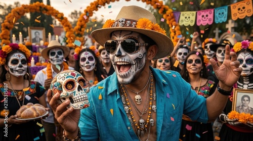 Mexican man celebrating Dia de los Muertos, holding decorated sugar skull, wearing skeleton face paint, happy crowd posing with marigold flowers during festive All Souls' and Saints' Day of the Dead.