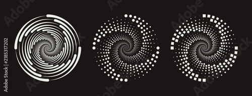 Set of different twisted speed lines in circle form. Abstract geometric circles with rotating linear, dotted and dashed lines who consisting of four sections. Design element for logo, prints, template