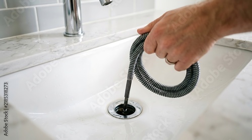 Hand holding drain snake tool to clear clogged sink drain with marbled countertop plumbing unclogging