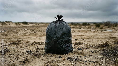 Garbage bag left on a barren sandy beach with overcast sky trash, garbage, waste, pollution, environment, plastic, bag, rubbish, discarded, litter