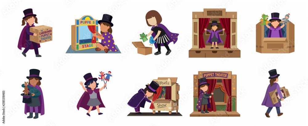 Fototapeta premium Set of little girl playing with cardboard puppet theater and performing magic tricks