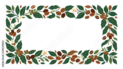 Coffee Plant Branch Decorative Border with Beans and Flowers