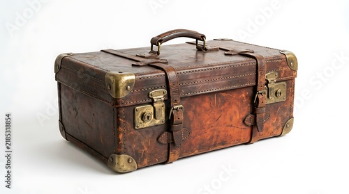Vintage Brown Leather Suitcase with Brass Hardware and Straps on White vintage suitcase, leather luggage, travel bag, old trunk, retro travel