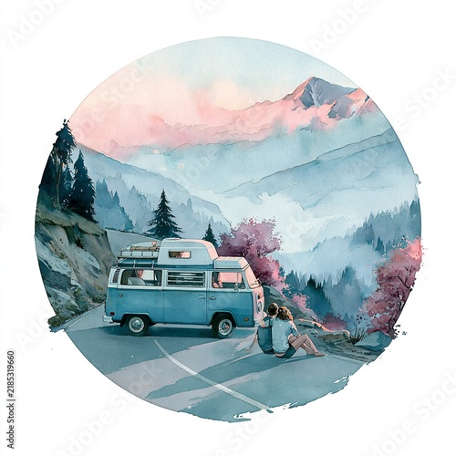 Bohemian couple traveling rural road in vintage camper. Watercolor illustration depicting people enjoying a tranquil road trip with a vintage camper van