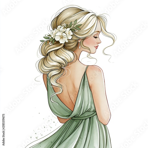 Blonde woman wearing green dress with flowers in hair. Woman with elegant updo hairstyle and gentle green dress looking away