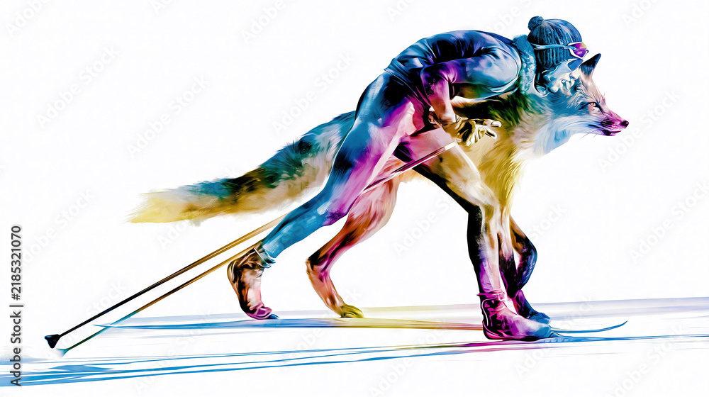 Obraz premium Digital Illustration of Cross-Country Skier with Fox Head