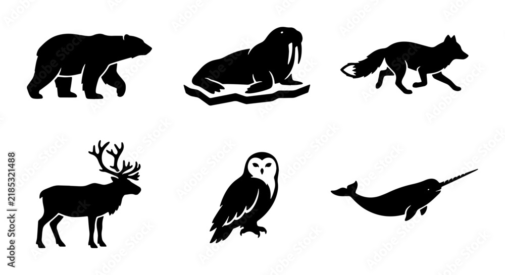 Obraz premium Arctic Animals Silhouettes: Polar Bear, Walrus, Fox, Reindeer, Owl, Narwhal Vector Icons Set