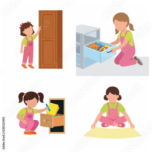 Vector illustrations of a little girl tidying up, organizing art supplies, and cleaning her room, teaching responsibility and domestic chores