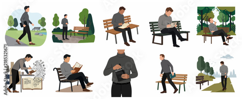 Collection of Flat Vector Illustrations Featuring a Man Journaling, Walking, and Relaxing in a Park Environment