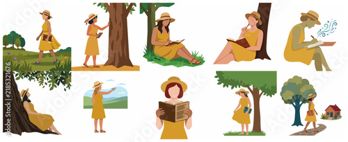 Vector illustration set of a young woman in a yellow dress reading, writing, and relaxing in nature. Concepts of mindfulness, creativity, and peaceful outdoor lifestyle.