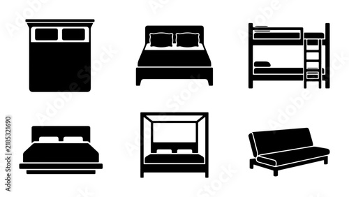 Foto Vector Icons Set: Diverse Bed Types, Bunk Bed, Canopy Bed, Sofa Bed, Furniture C